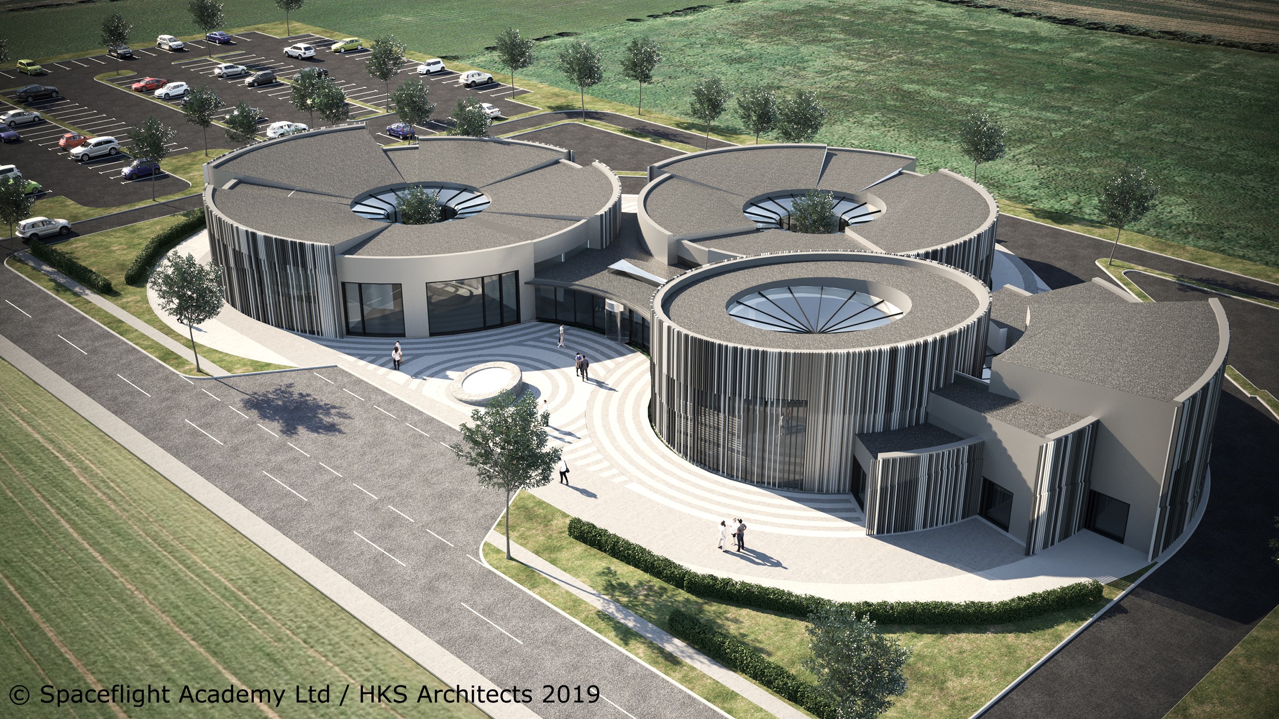 Artist's impression of the Spaceflight Academy as three modern circular buildings.